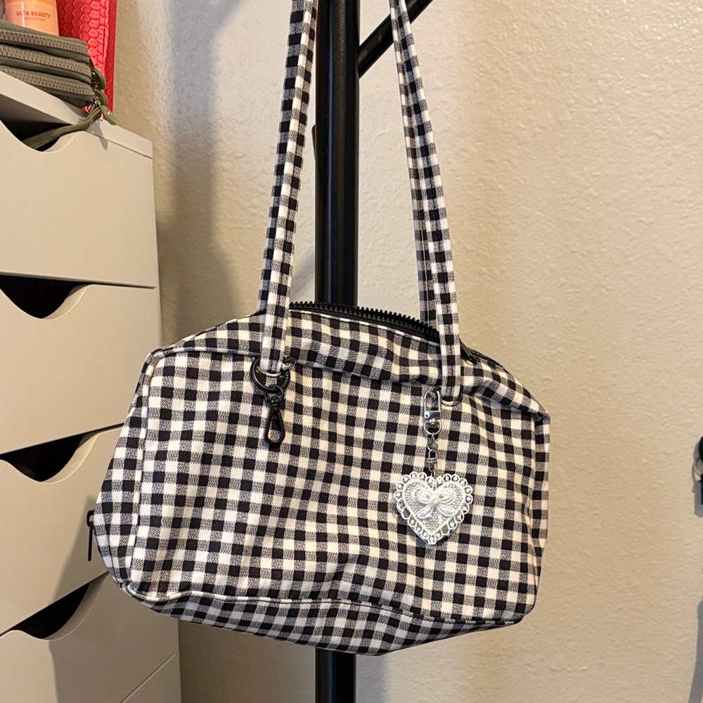 BAGGU nylon Black and White gingham bowler Bag